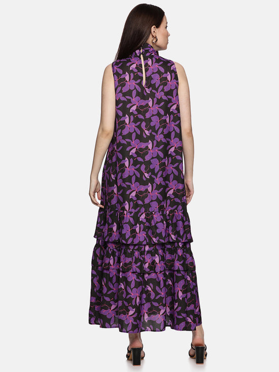 Floral Purple Tiered Sleeveless Dress-17397