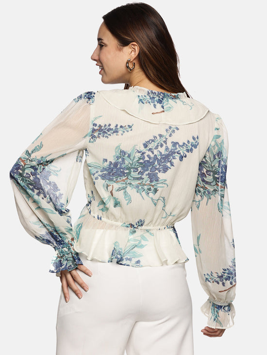 Floral White V-Neck Blouson Sleeve Top-17417