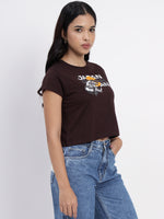 Coffee color Crop top with Japan rising sun print-SICT0010724