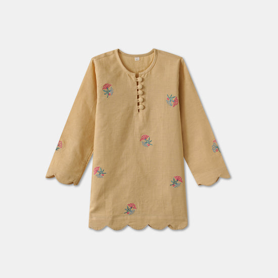 Desi Soota Scallop Cut Embroidered Cotton Kurta Pajama Set for Boys - Beige-M024