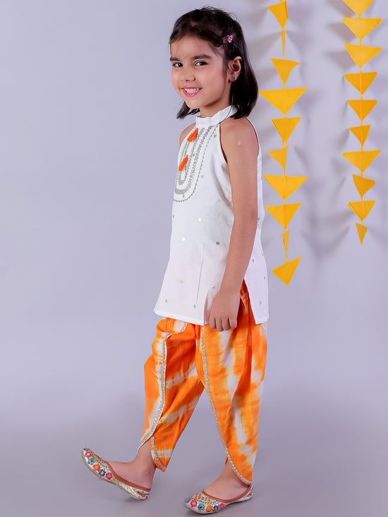 Lil Drama Cotton Kurta with Tye & Dye Dhoti Sets for Girls - White and Orange