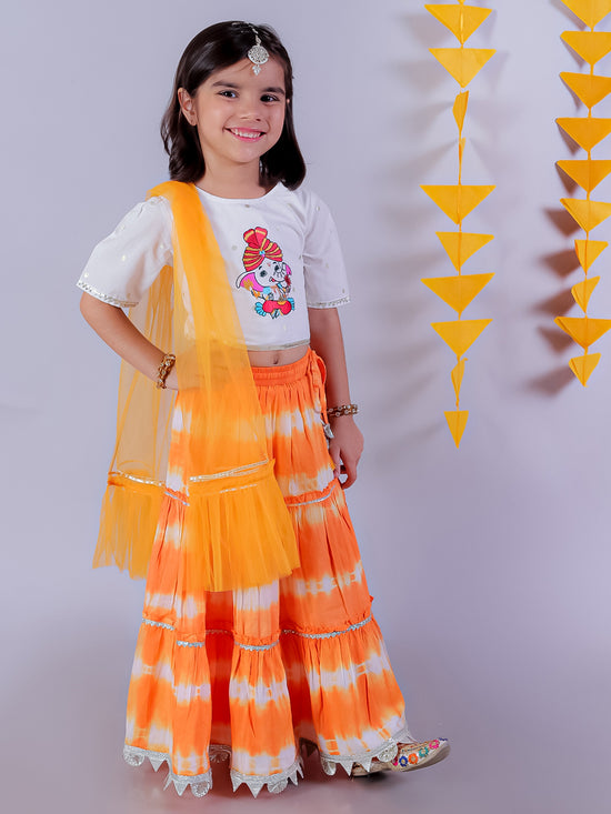 Lil Drama Cotton Tye & Dye Lehanga and Embroidered Choli with Net Dupatta Sets for Girls - White and Orange