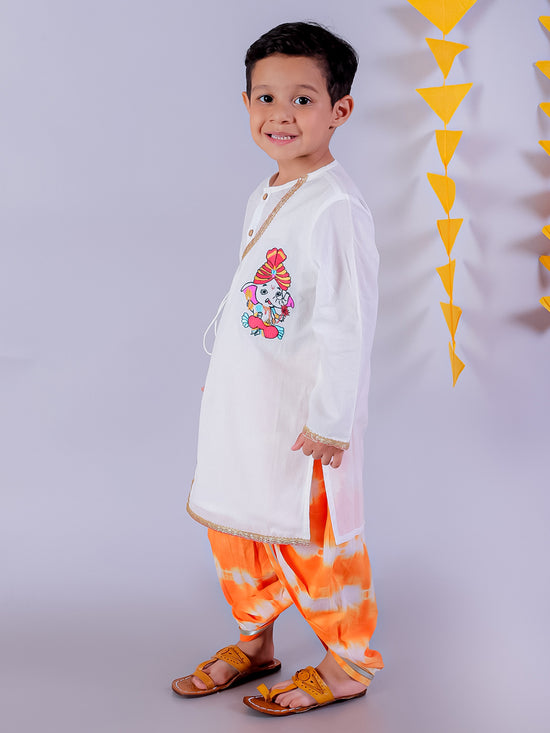 Lil Drama Cotton Embroidered Kurta with Tye & Dye Dhoti Sets For Boys - White and Orange