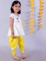 Lil Drama Cotton Embroidered Kurta with Tye & Dye Dhoti Sets for Girls - White and Yellow