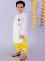 Lil Drama Cotton Embroidered Kurta with Tye & Dye Dhoti Sets For Boys - White and Yellow