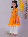 Lil Drama Cotton Embroidered Mull Kurta with Tassles and Pyjama Sets For Girls - Orange and White