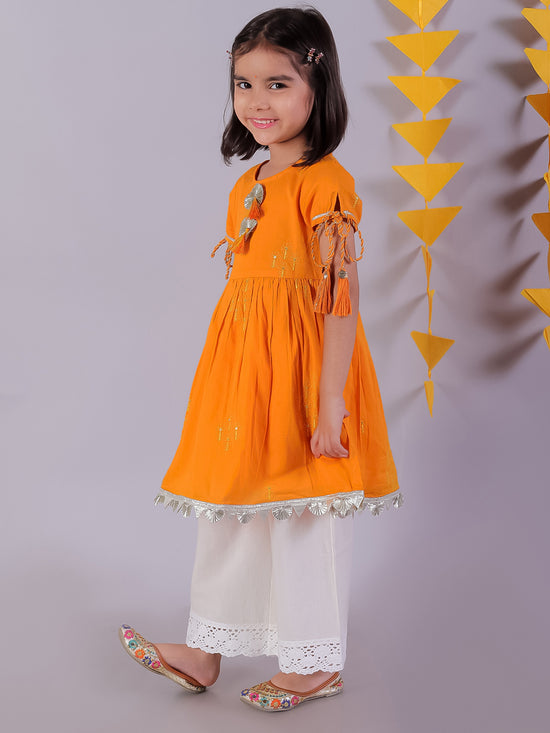 Lil Drama Cotton Embroidered Mull Kurta with Tassles and Pyjama Sets For Girls - Orange and White