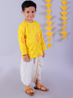 Lil Drama Cotton Embroidered Mull Kurta with Dhoti Sets For Boys - Yellow and White