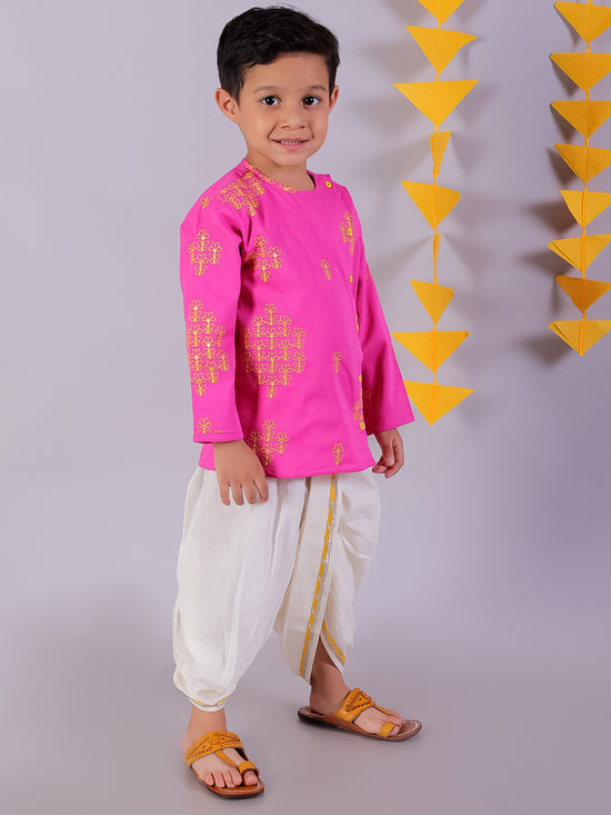 Lil Drama Cotton Embroidered Mull Kurta with Dhoti Sets For Boys - Pink and White