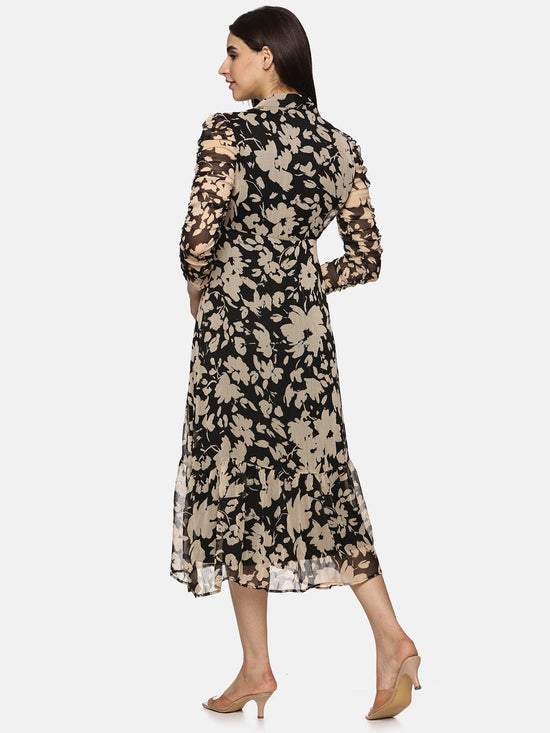 Floral Black Ruched Sleeve Midaxi Dress-17358