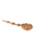 Gold Plated Red & Green stone Studded Peacock Maangtikka