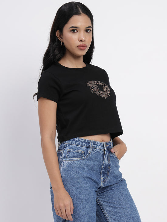 Black Embroidered Crop Top-SICT0010124