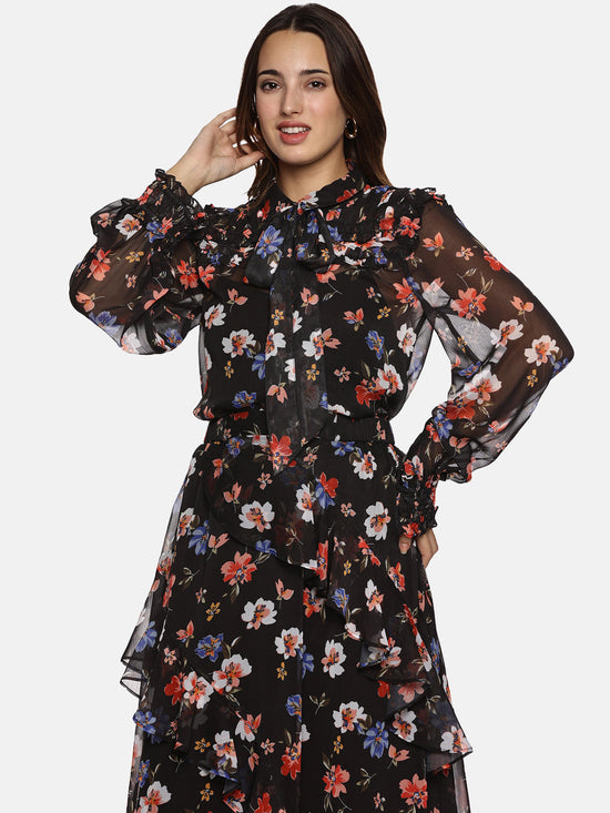 Floral Black Smocked Sleeve Top-17380