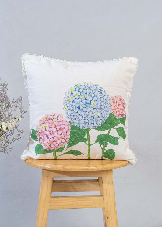 Bouquet of Hydrangea 100% cotton decorative floral cushion cover for sofa with lace - Blue-230454007