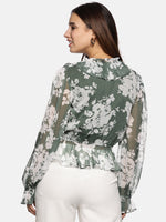 Floral Green V-Neck Blouson Sleeve Top-17416