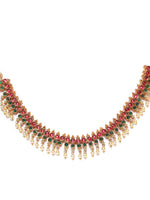 Pink & Green Gold-Plated Stone-Studded & Beaded Handcrafted Jewellery Set