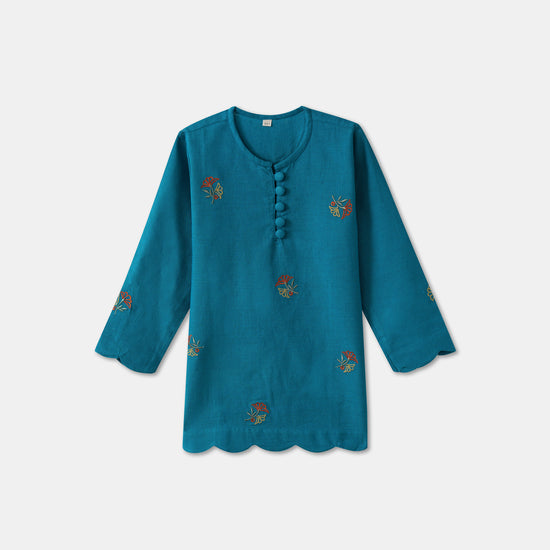 Desi Soota Scallop Cut Embroidered Cotton Kurta Pajama Set for Boys - Blue-M022