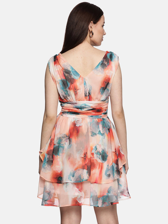 Floral Peach Tiered Dress-17405