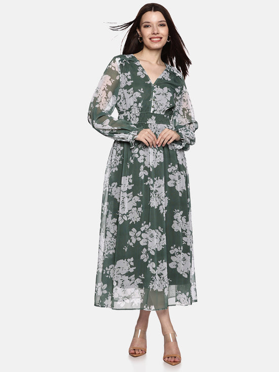 Floral Green Blouson Sleeve Maxi Dress-17410