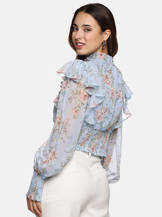 Floral Mutlicolor Gathered Smocked Sleeve Top-17415