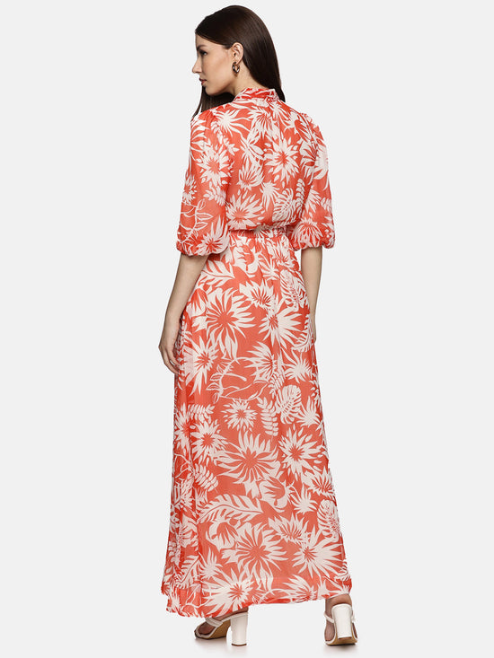 Floral Red Printed Baloon Sleeve Dress-17374