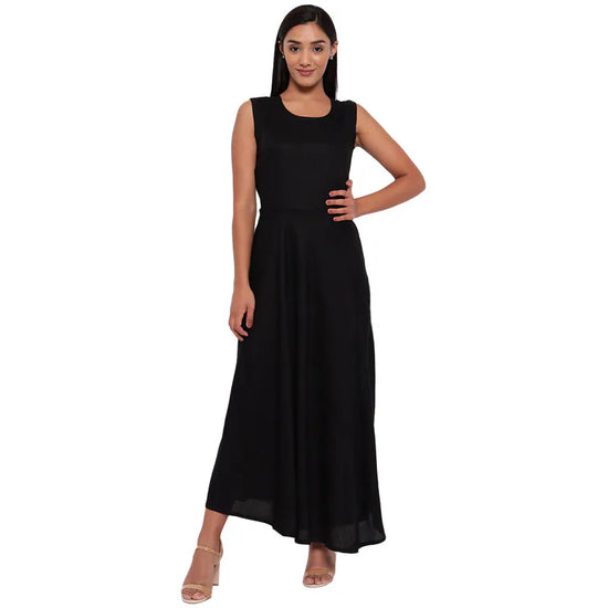 Aawari Rayon Plain Gown For Girls and Women Black-AM086-Black