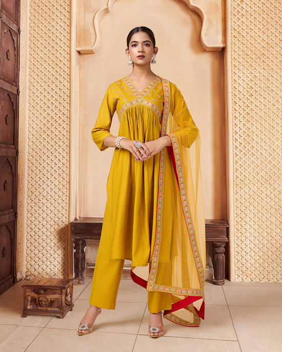 Avanshee Women's Latest Solid Embroidred Cotton Blend Alia Cut Kurta, Pant With Dupatta Set-ES-7540-Mustard