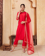 Avanshee Women's Latest Solid Red Cotton Blend Kurta, Pant With Embroidred Dupatta Set-ES-7542