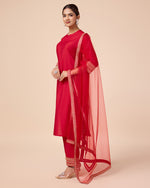 Avanshee Women's Latest Solid Red Cotton Blend Kurta, Pant With Embroidred Dupatta Set-ES-7542