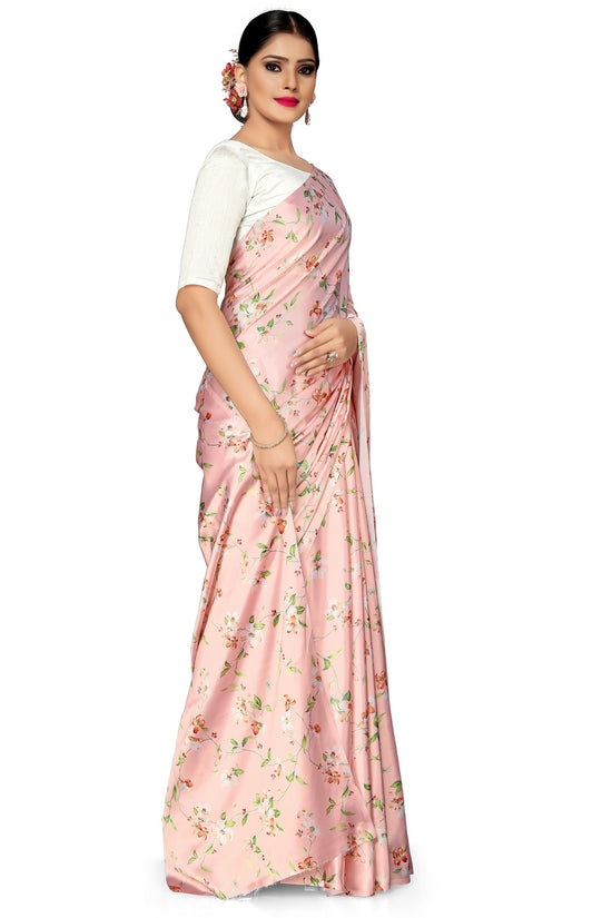 Avanshee Women's Latest Floral Printed Satin Saree With Unstiched Blouse-7048-PEACH