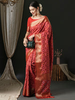 Saree Mall Women's  Blend Red Woven Design Designer Saree With Blouse Piece-43ALEKHA4303