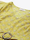 Frill sleeve printed midi dress with buckle belt in Yellow print