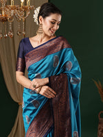 Saree Mall Women's  Blend Light Blue Woven Design Designer Saree With Blouse Piece-4REEVA4004