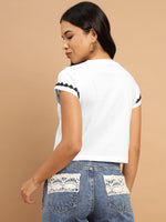 White Crop Top with Monochrome Embellishment-SIRT0010824