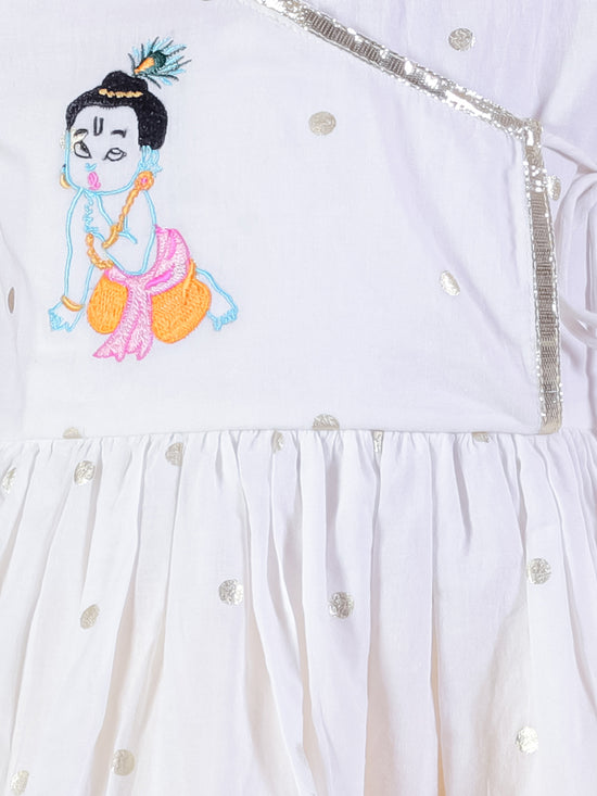 Lil Drama Cotton Embroidered Kurta with Tye & Dye Dhoti Sets for Girls - White and Yellow