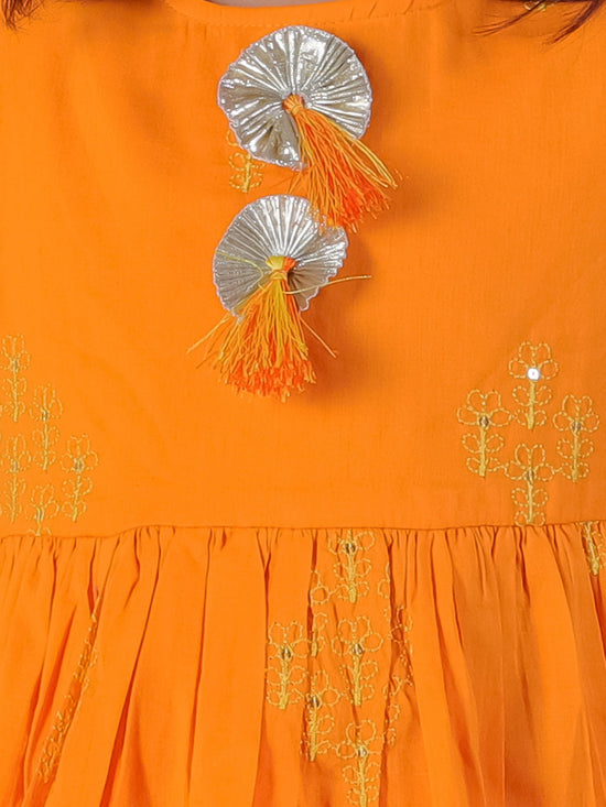 Lil Drama Cotton Embroidered Mull Kurta with Tassles and Pyjama Sets For Girls - Orange and White