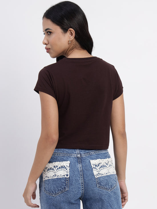 Coffee color Crop top with Japan rising sun print-SICT0010724