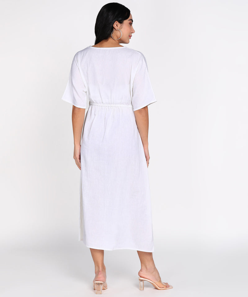 Women Belted A-Line Cotton Flex Midi Dress