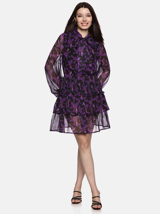 Floral Purple Tie- Knot Smocked Dress-17407