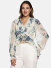 Floral White V-Neck Blouson Sleeve Top-17417