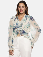 Floral White V-Neck Blouson Sleeve Top-17417