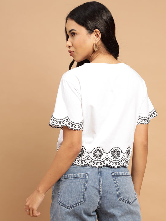 White and black Schiffli crop fit T-shirt-SITS0040724