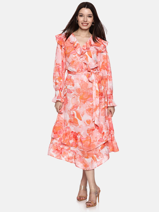 Floral Orange Wrap Dress-17401