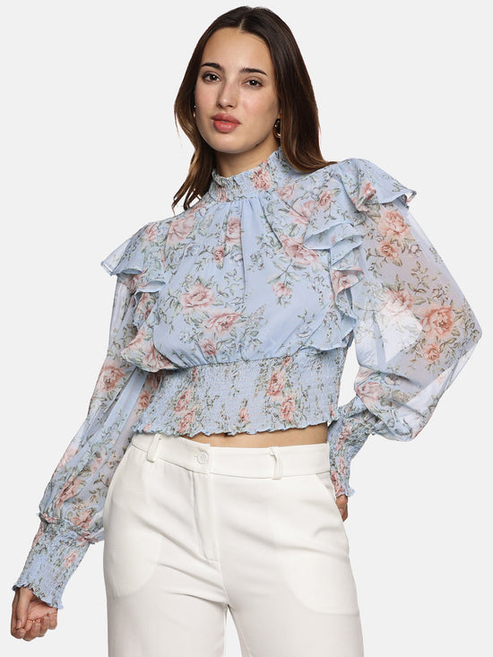 Floral Mutlicolor Gathered Smocked Sleeve Top-17415