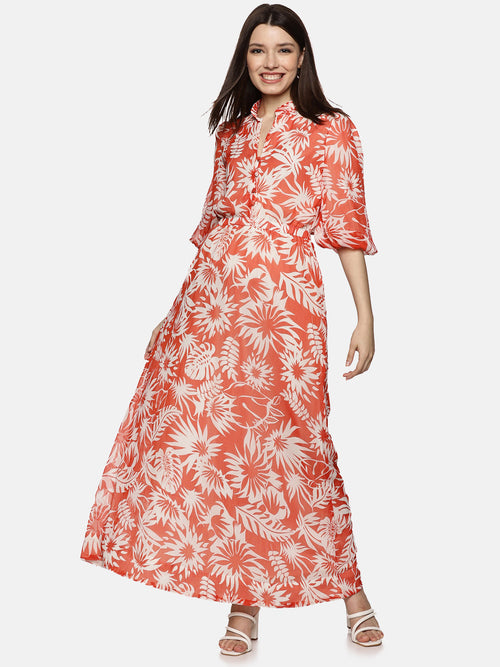 Floral Red Printed Baloon Sleeve Dress-17374