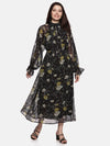 Floral Black Belted Blouson Sleeve Dress-17399