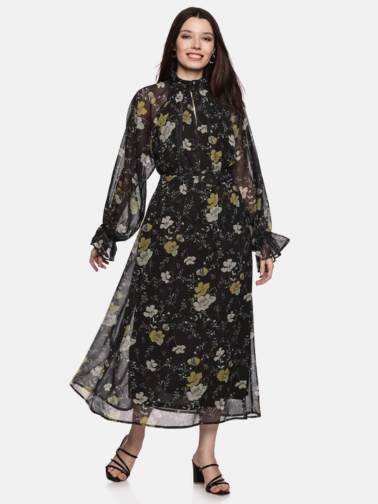 Floral Black Belted Blouson Sleeve Dress-17399