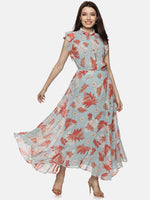 Floral Blue Frilled Dress-17369