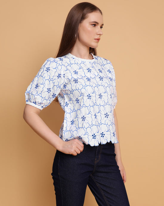 White and Blue Schiffli Embroidery Top-SIRT0030624