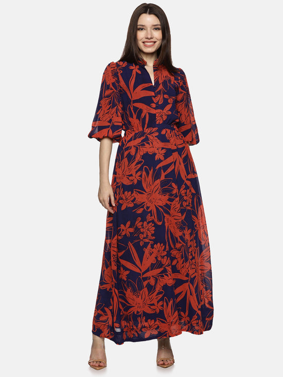 Floral Blue Printed Baloon Sleeve Dress-17373